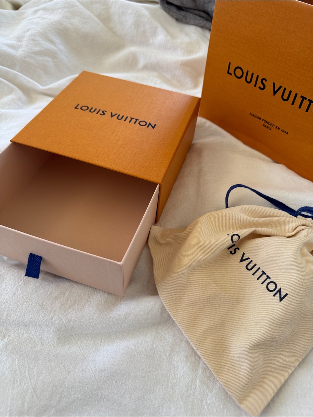 Louis Vuitton Orange Box with Beige Dust Bag and Navy Accents